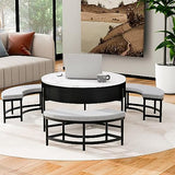 Linique Modern Round Lift-Top Coffee Table with Storage and 3 Ottoman, White + Black